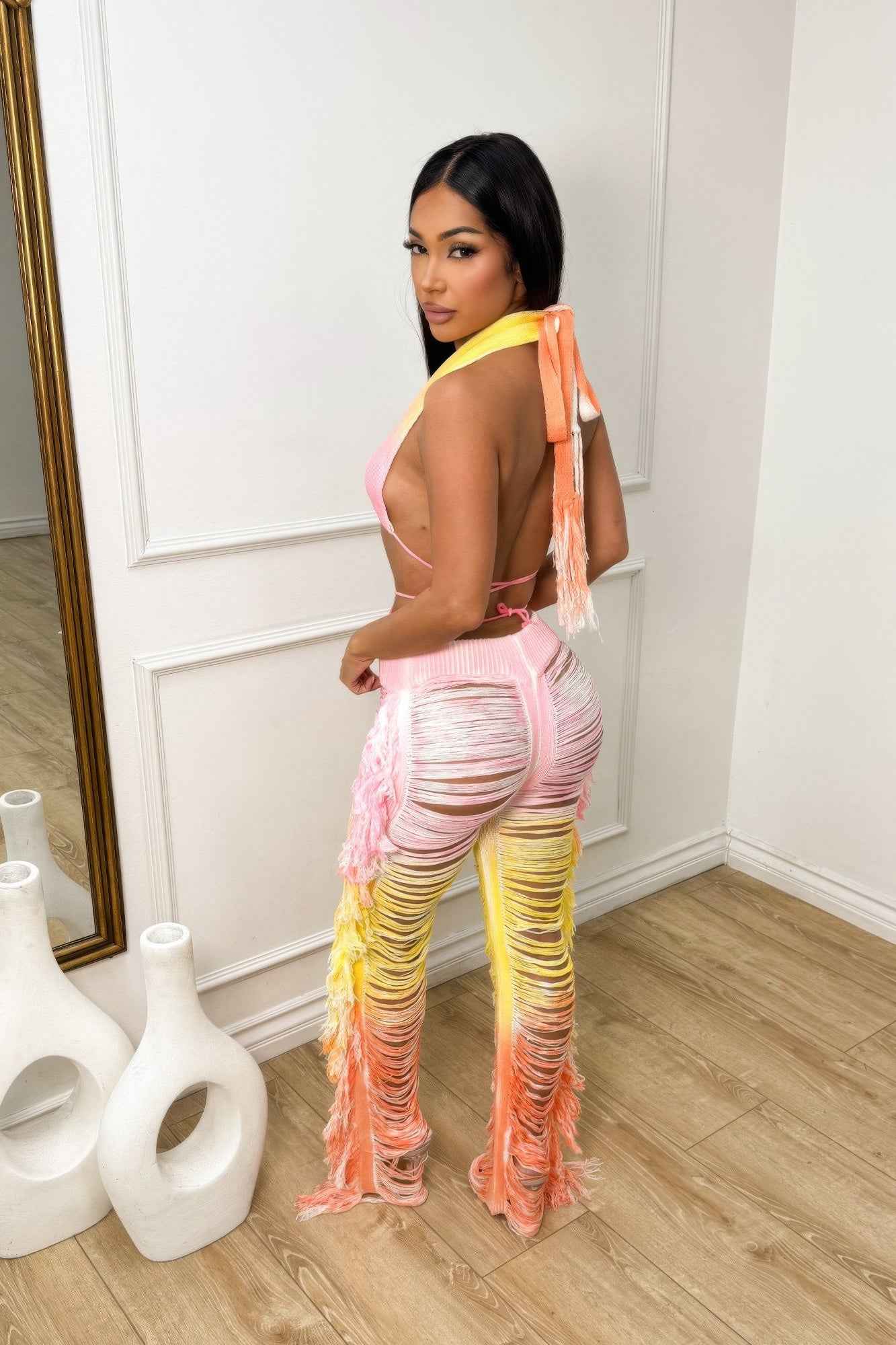 Ombre Fringe Destroyed Pants Set