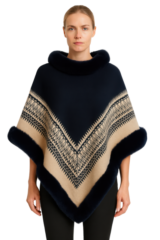 Chevron Trim Poncho With Faux Fur Collar