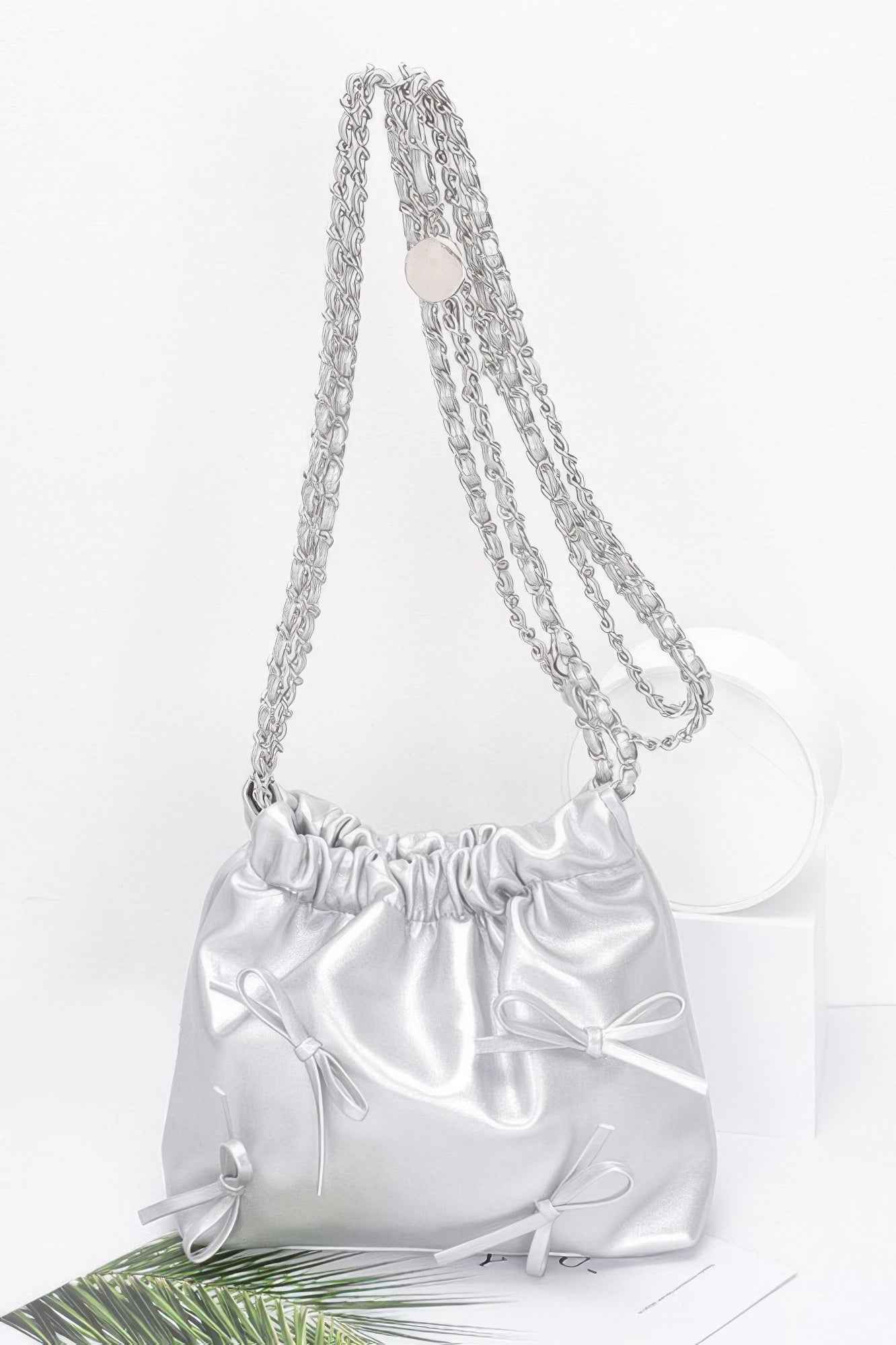 Faux Leather Multi Ribbon Bucket Chaincrossbodybag