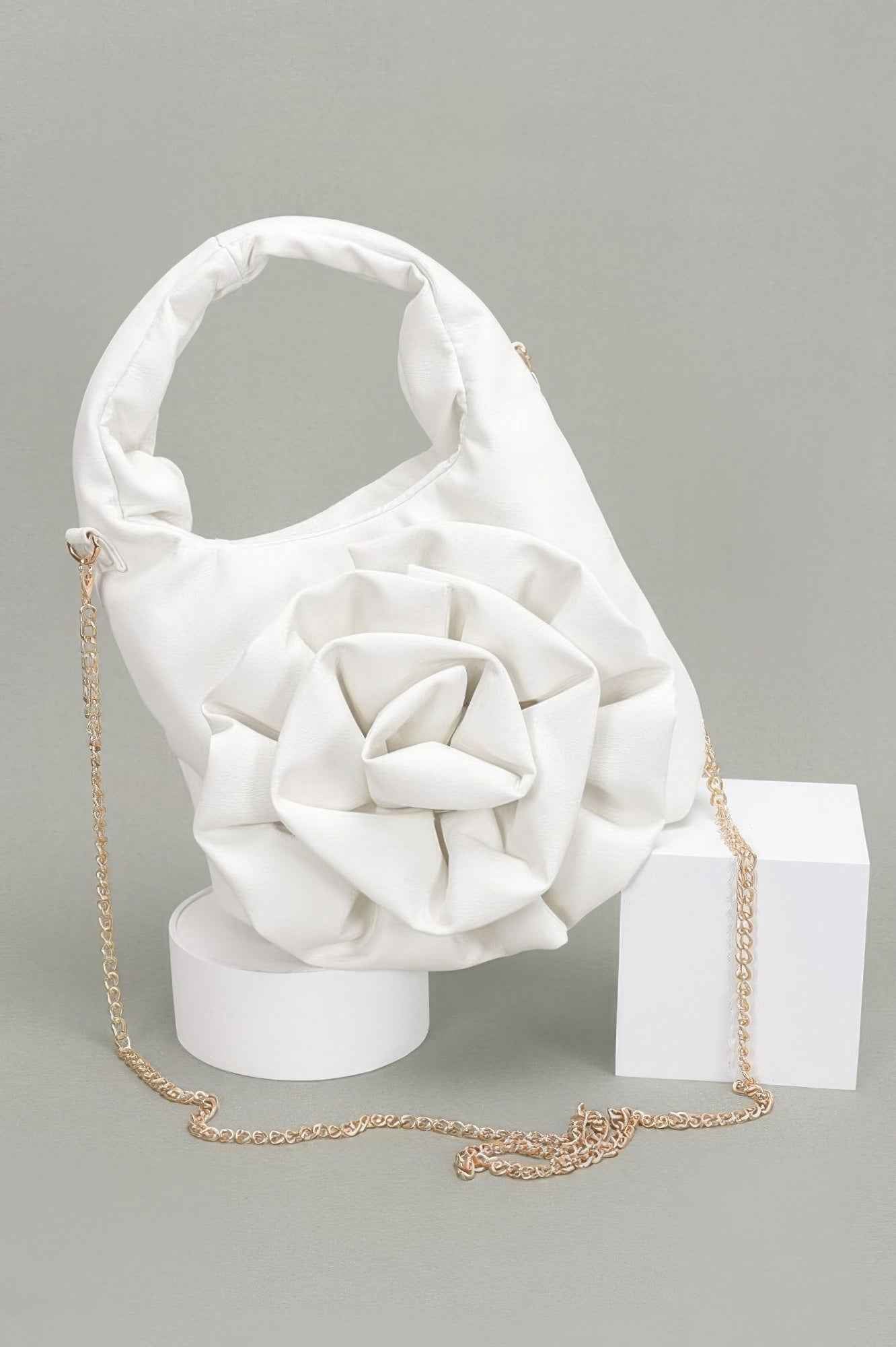 Faux Leather Big Flower Handle Bag