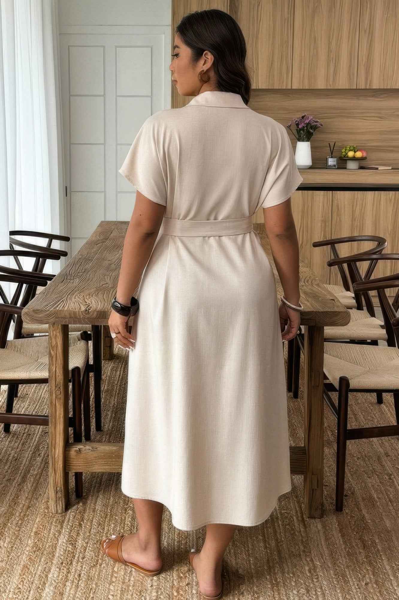 Plus Solid Button Down Straight Belted Shirt Dress