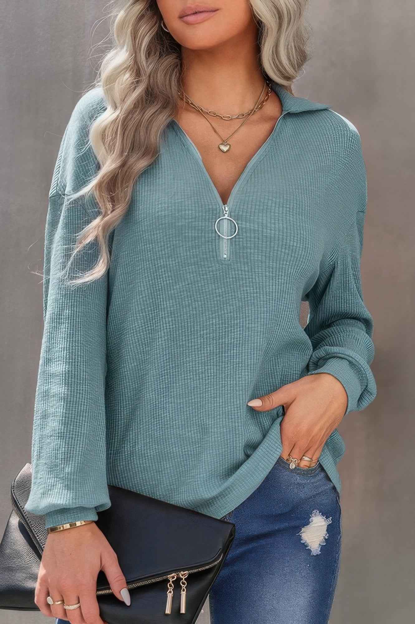 Half Zip Long Sleeve Solid Knit Top