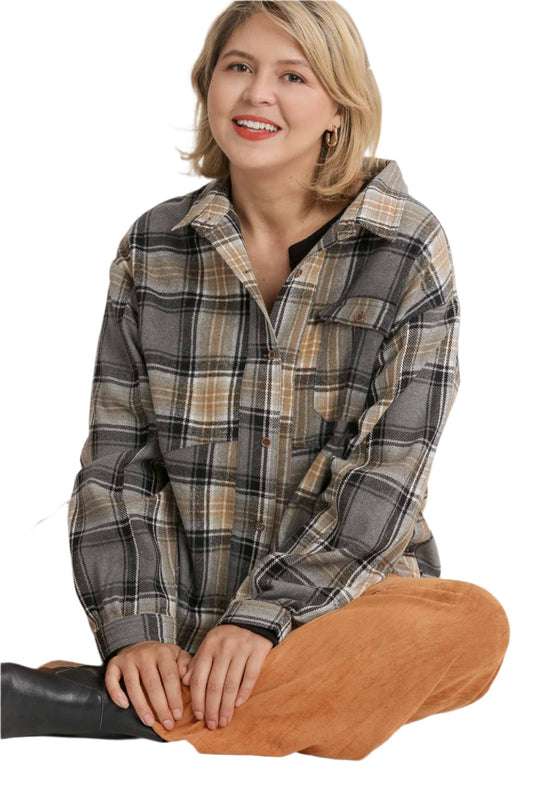 Plaid Collar Button Down Overshirt With Front Pockets