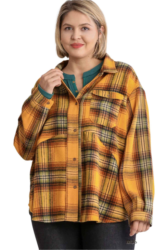 Plaid Collar Button Down Overshirt With Front Pockets