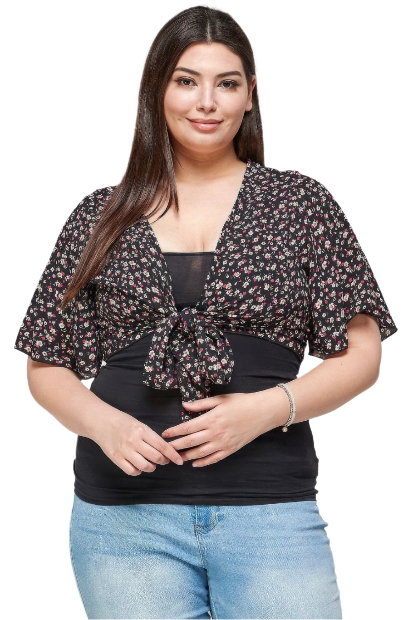 Plus Size Ditsy Floral Print Cropped Bolero Cardigan