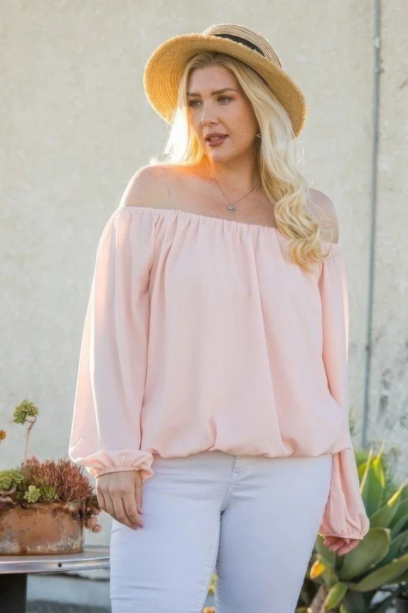 Off Shoulder Long Bubble Sleeve Solid Top - Nova Store