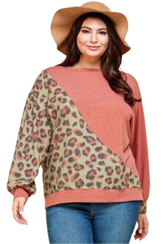 Plus Size Cute Animal French Terry Brush Contrast Print Pullover