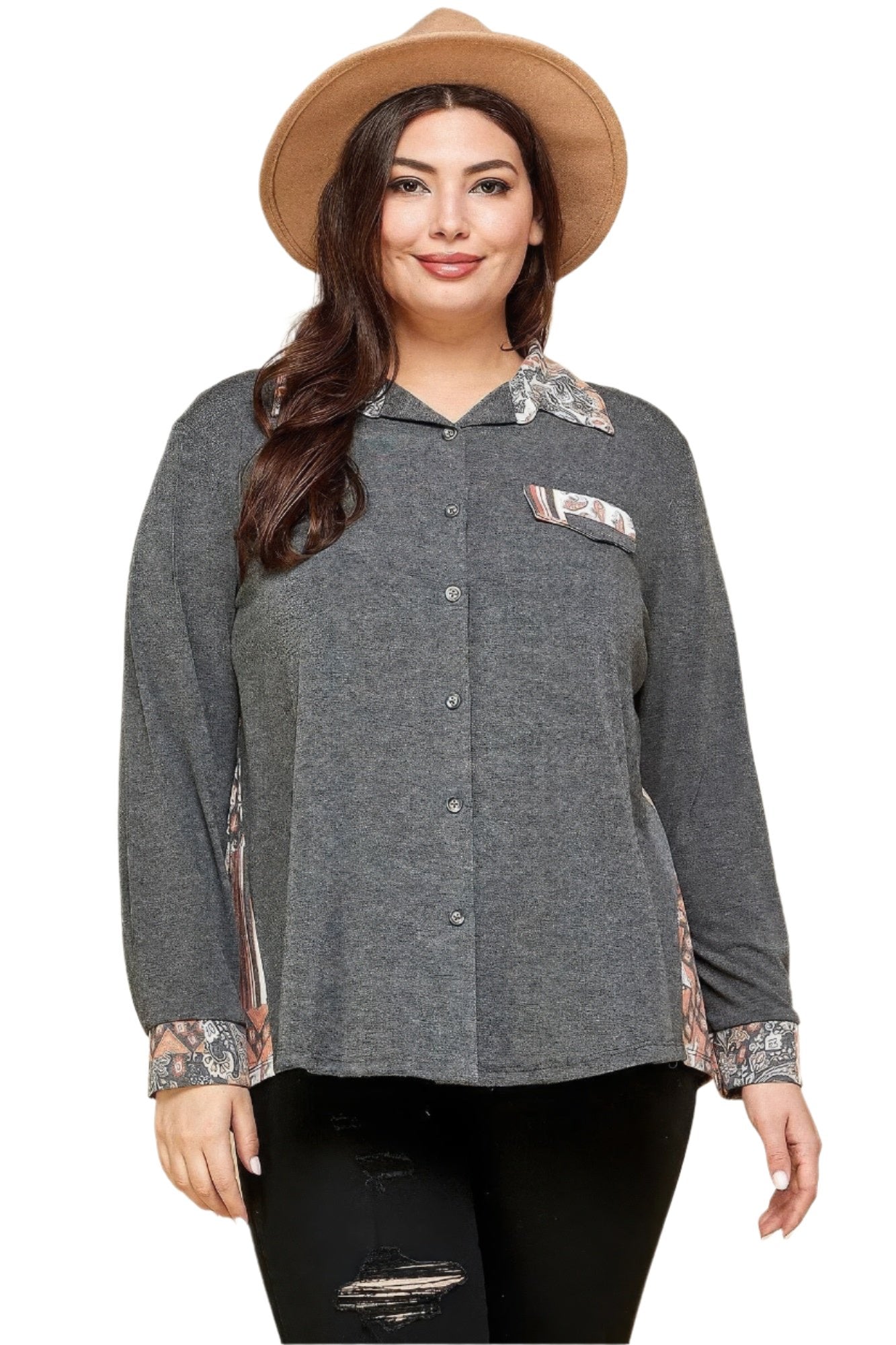 Plus Size Printed Patchwork Contrast Button Up Shirt