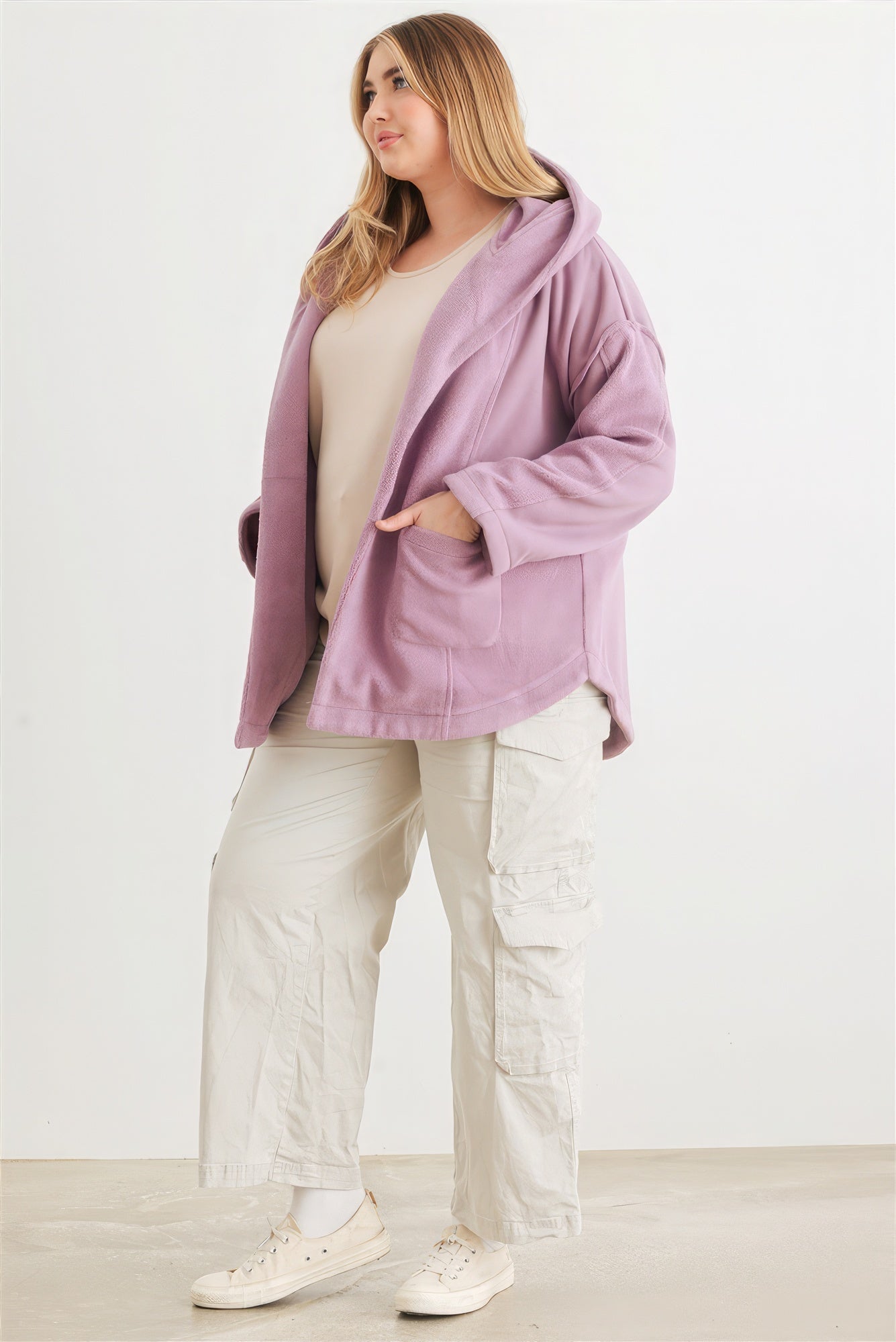 Plus Two Pocket Open Front Soft To Touch Hooded Cardigan Jacket - Nova Store