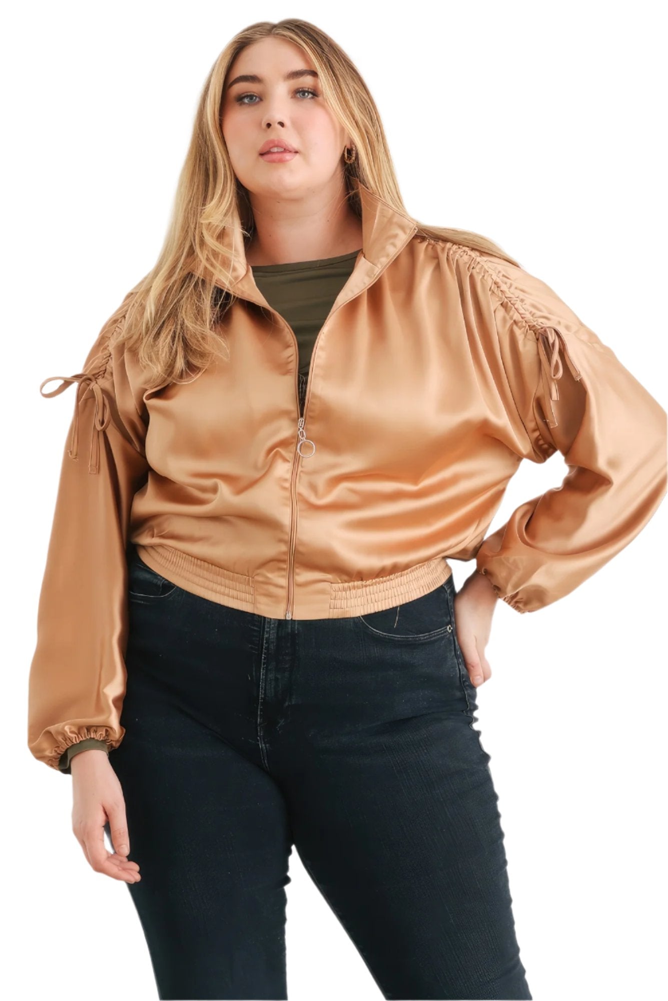 Plus Satin Zip-up Ruched Long Sleeve Cropped Bomber Jacket