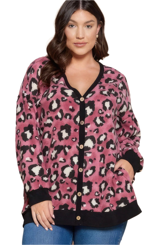 Plus Size Cozy Animal Mir Print With Brush Button Up Cardigan