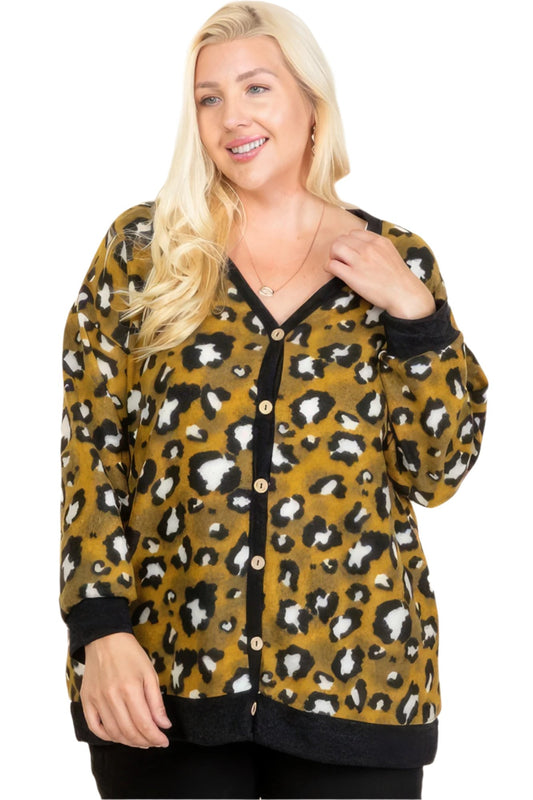 Plus Size Cozy Animal Mir Print With Brush Button Up Cardigan