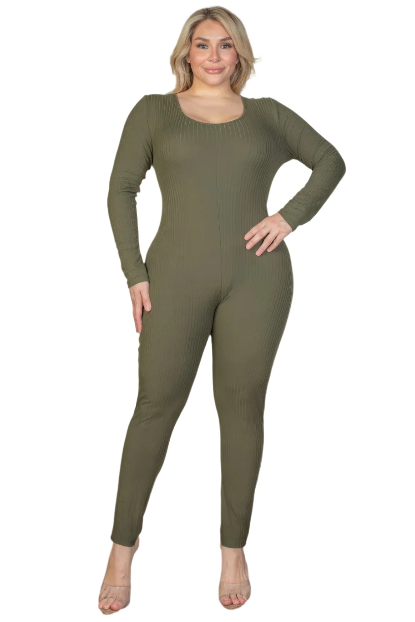 Plus Size Ribbed Scoop Neck Long Sleeve Jumpsuit