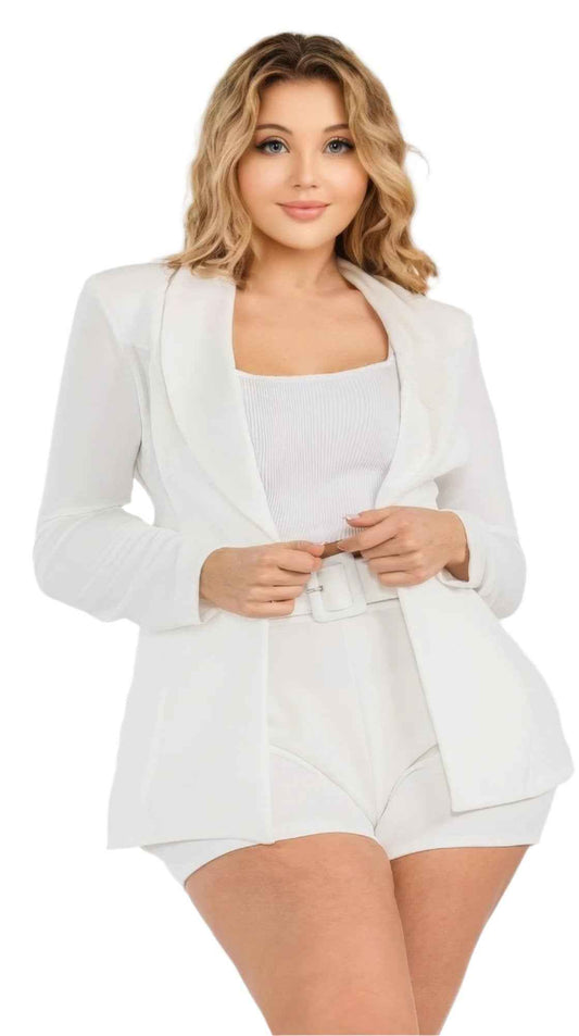 Plus Solid Blazer Short Set with Belted Shorts