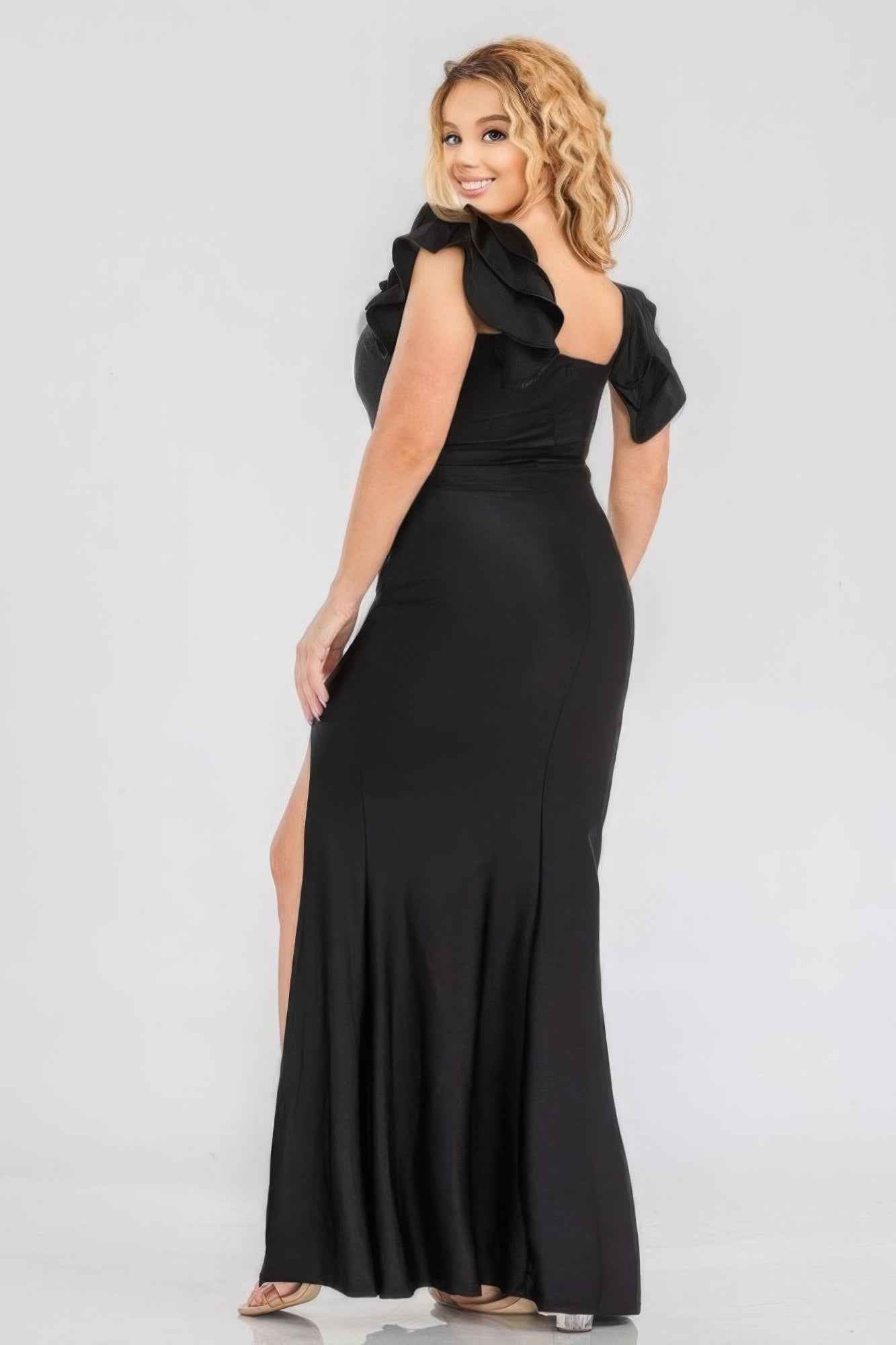 Plus Size Satin Ruffle Maxi Dress - Stretchy Party Wear