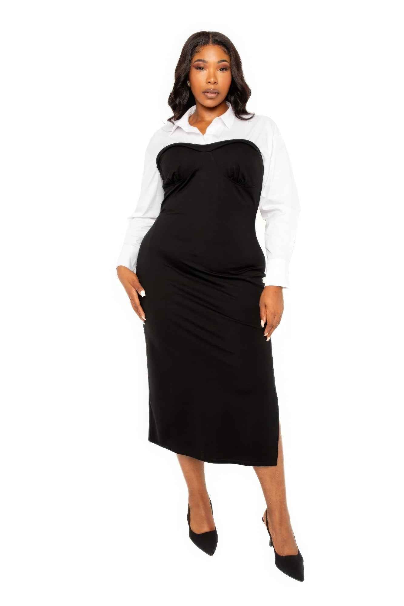 Collared Shirt Midi Dress with Side Slit - Bodycon Style