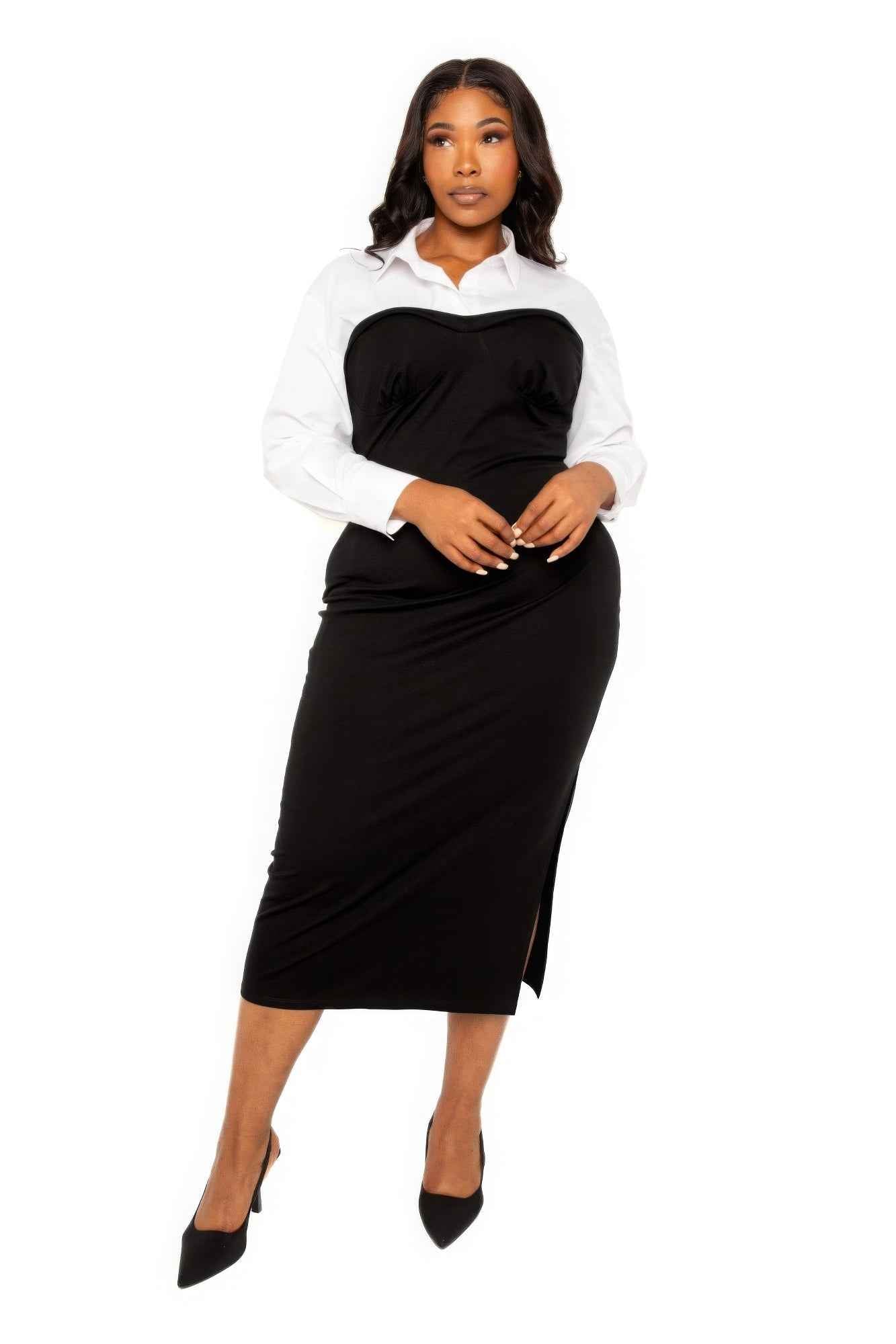Collared Shirt Midi Dress with Side Slit - Bodycon Style