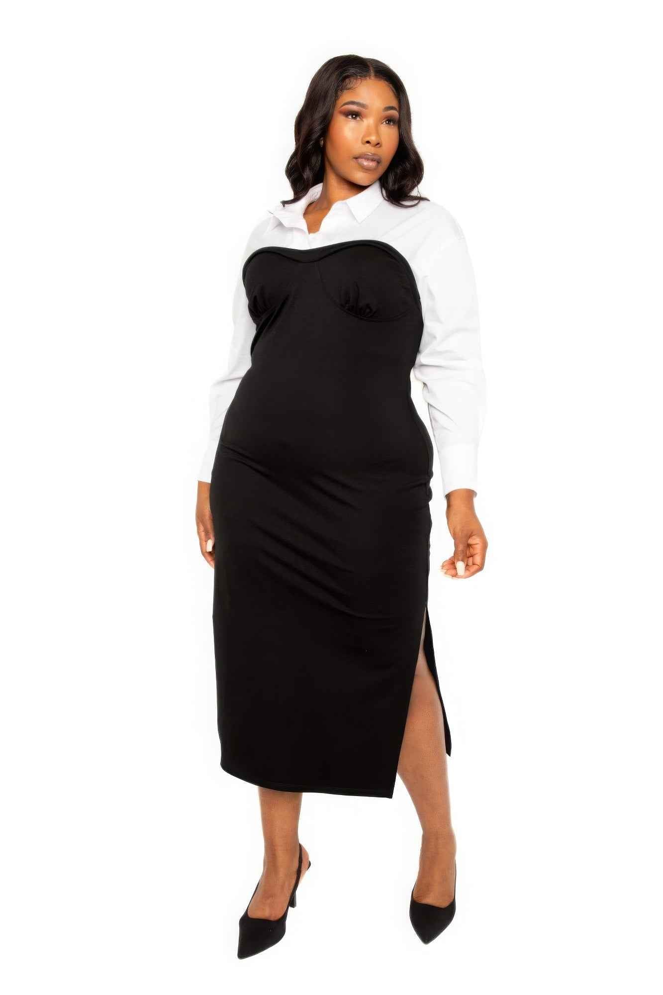 Collared Shirt Midi Dress with Side Slit - Bodycon Style