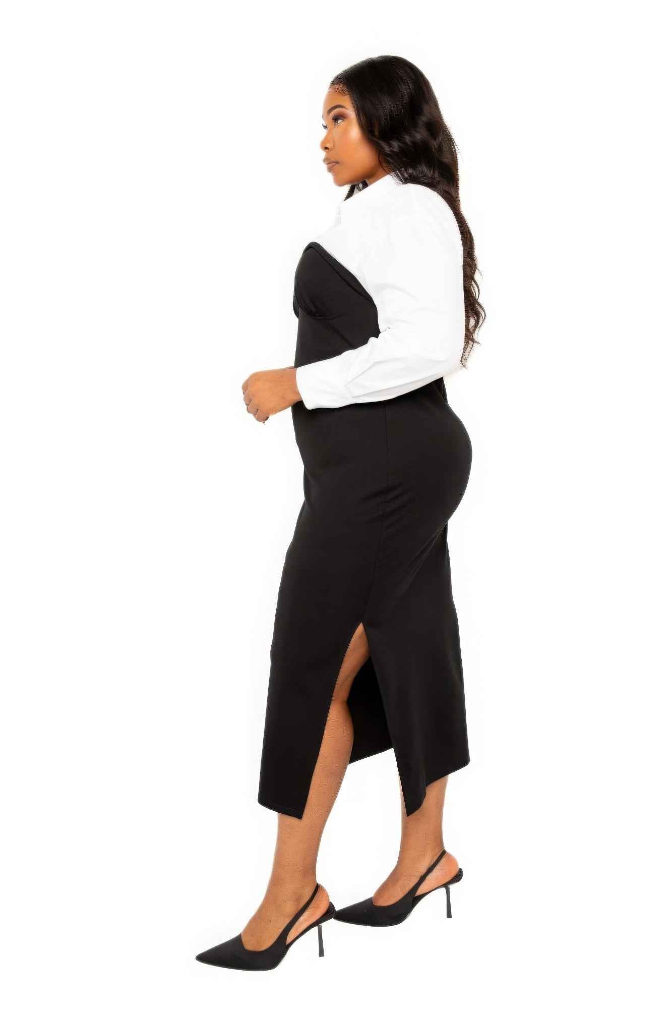 Collared Shirt Midi Dress with Side Slit - Bodycon Style