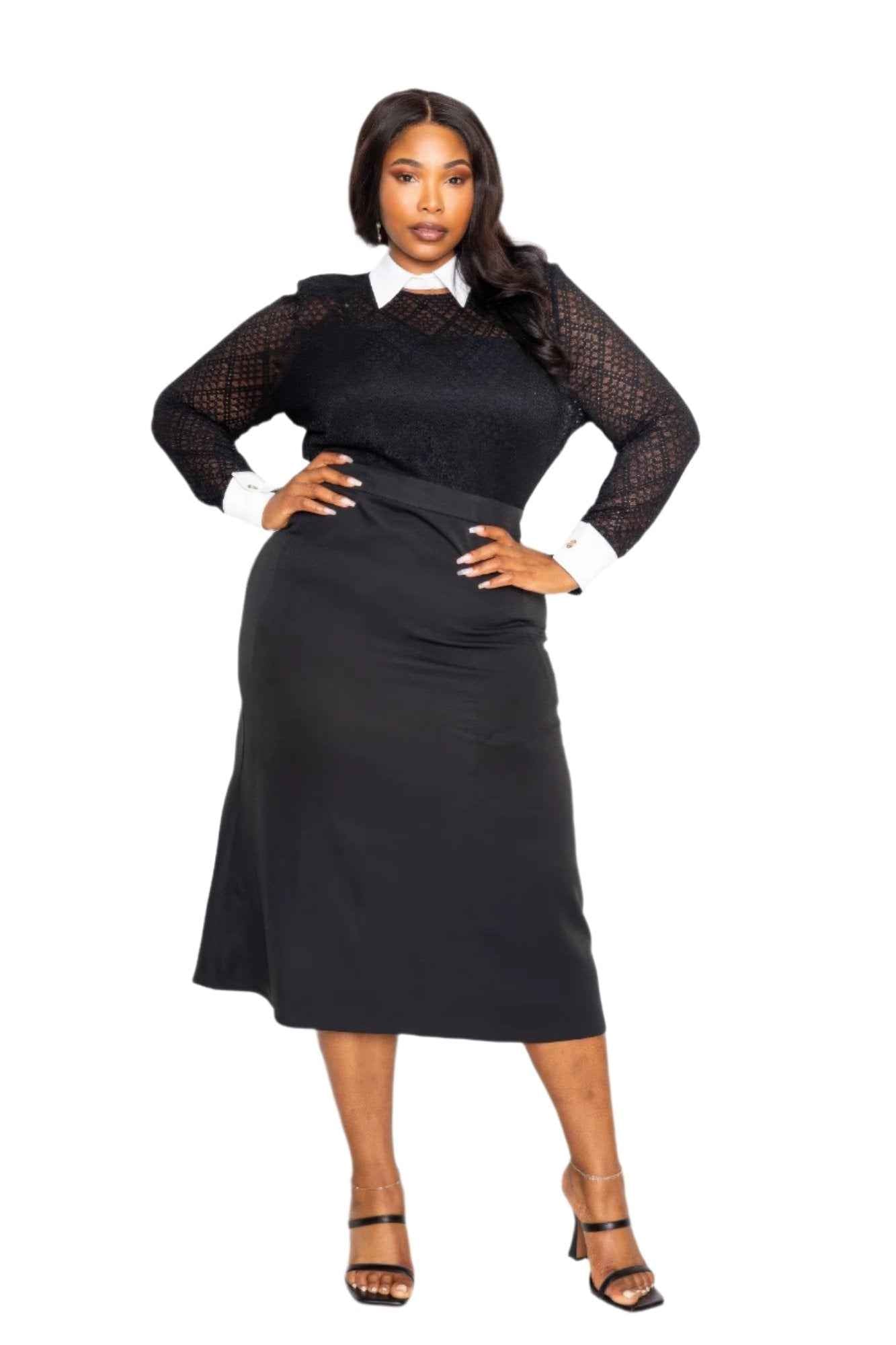Contrast Shirt Dress With Pockets - Collared Lace Midi Dress