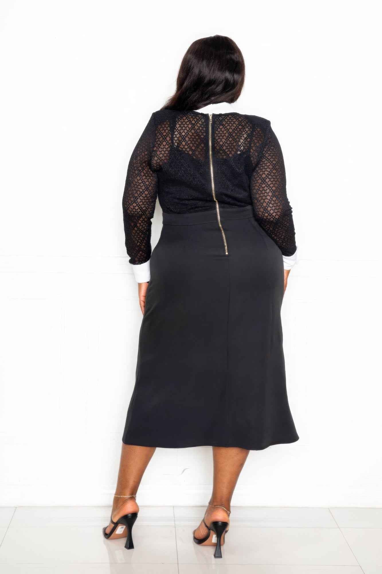Contrast Shirt Dress With Pockets - Collared Lace Midi Dress