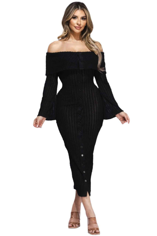 Ruffled Off Shoulder Midi Dress with Flared Sleeve