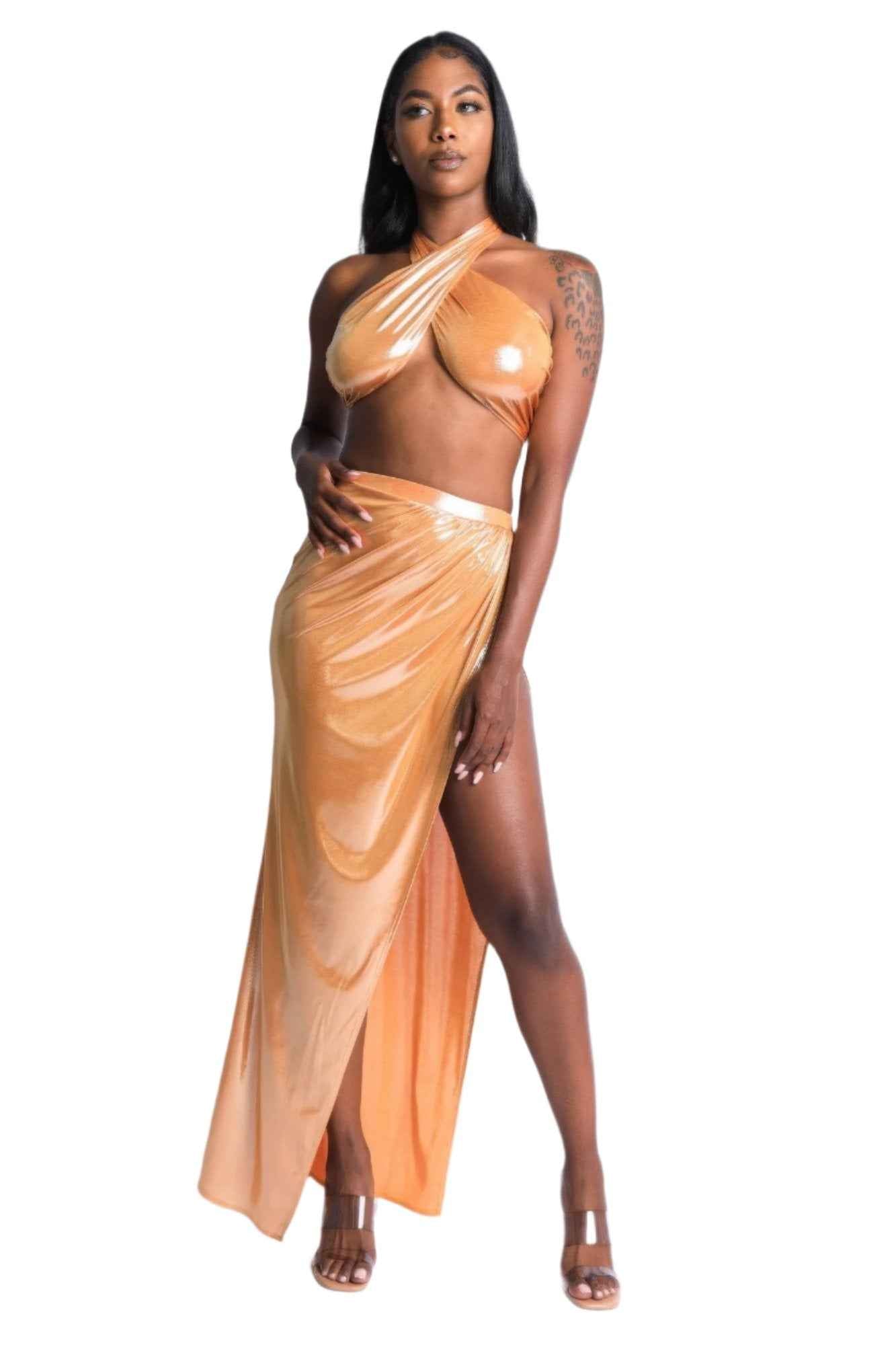 Foil Halter Top Maxi Skirt with Surplice and Opened Design