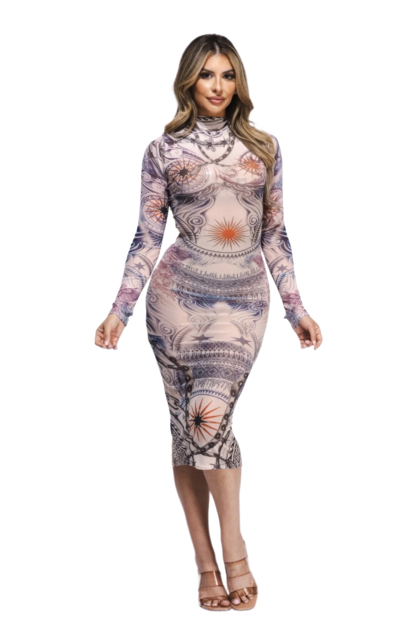 Tattoo Body Print Mesh Midi Dress