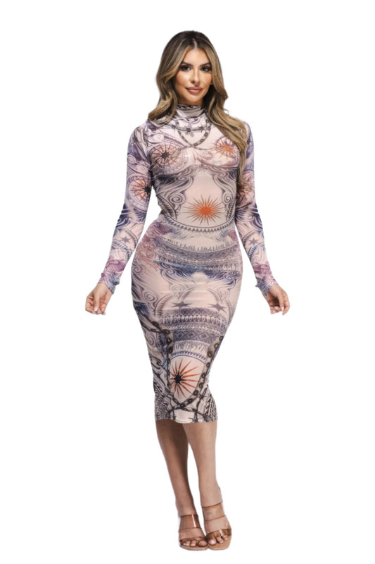 Tattoo Body Print Mesh Midi Dress