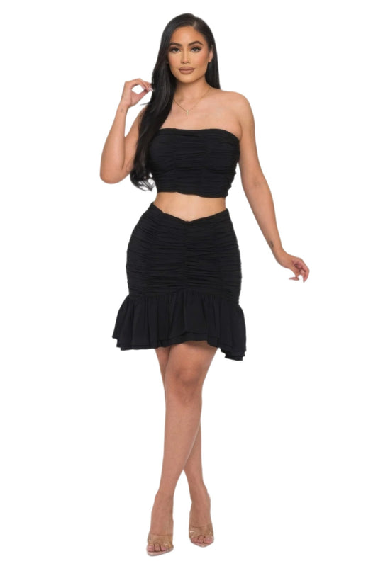 Ruffle Ruched Mini Skirt Set