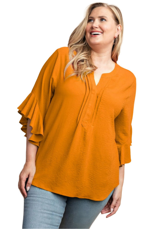 Ruffled Bell Sleeve And Front Pleated Detail Top - Nova Store