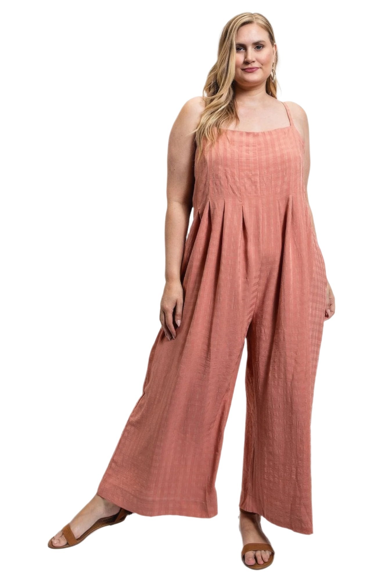 Texture Woven Sleeveless Jumpsuit With Side Button