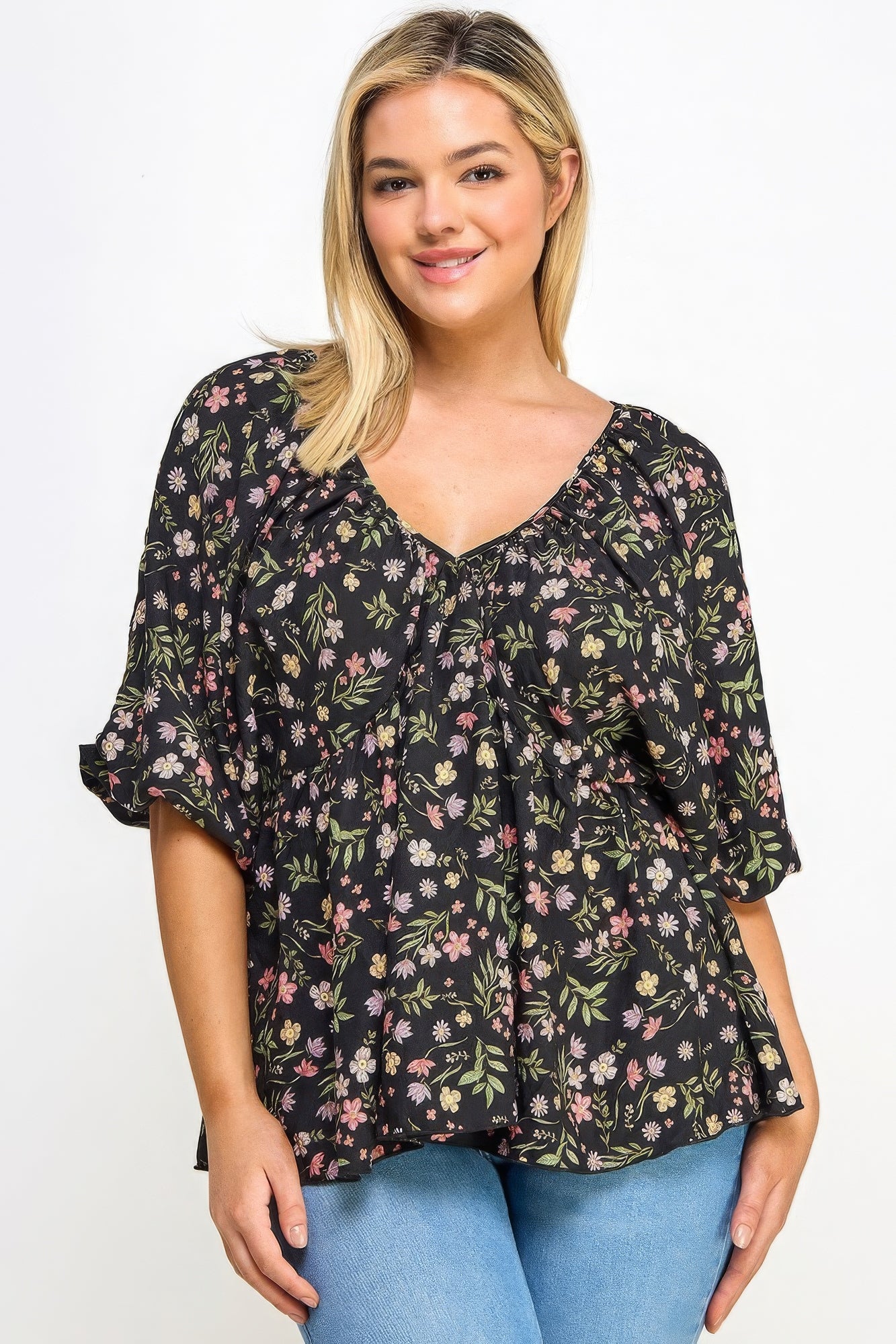 Muticolor V-Neck Top | Floral Sleeve Top | Nova Store