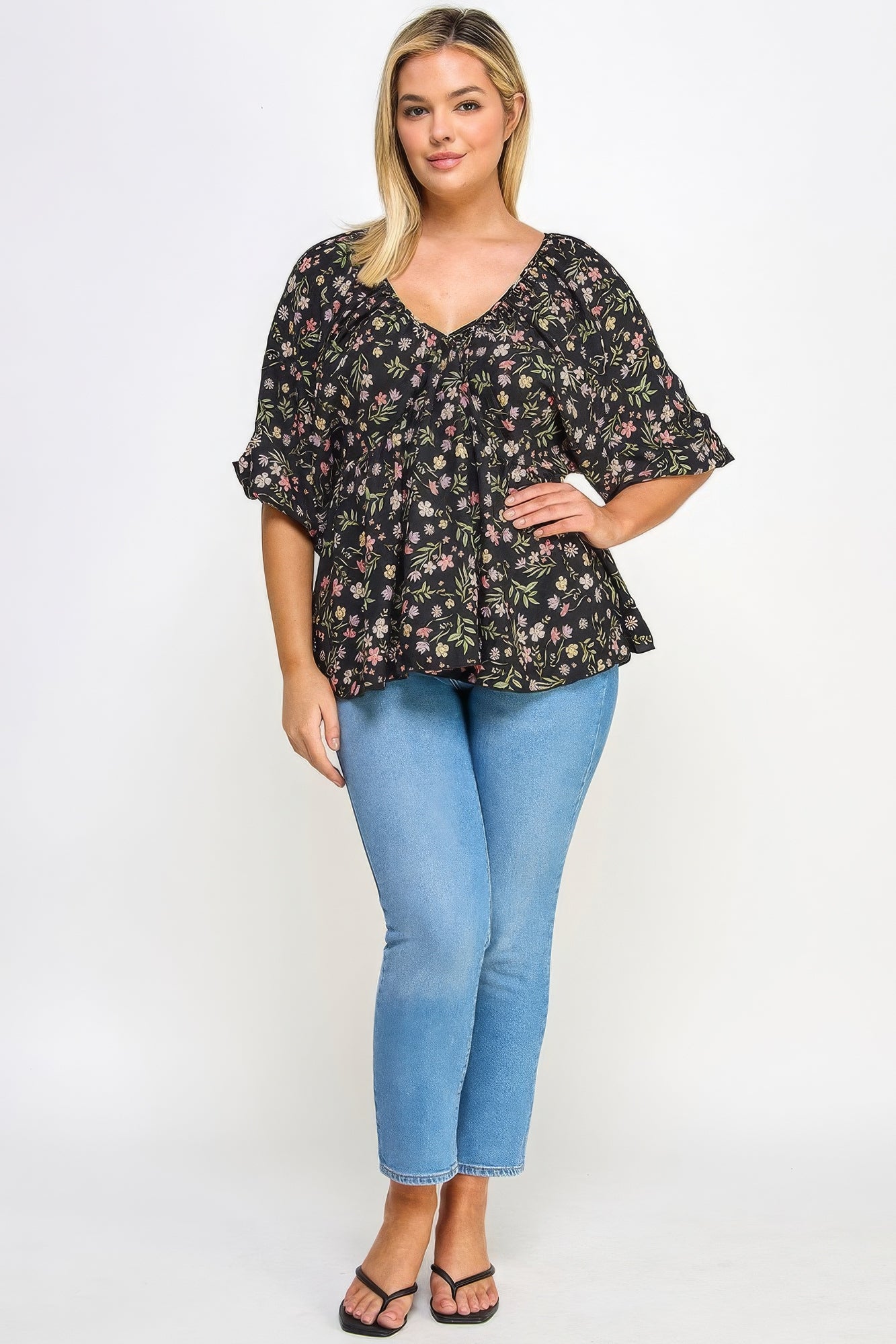 Muticolor V-Neck Top | Floral Sleeve Top | Nova Store