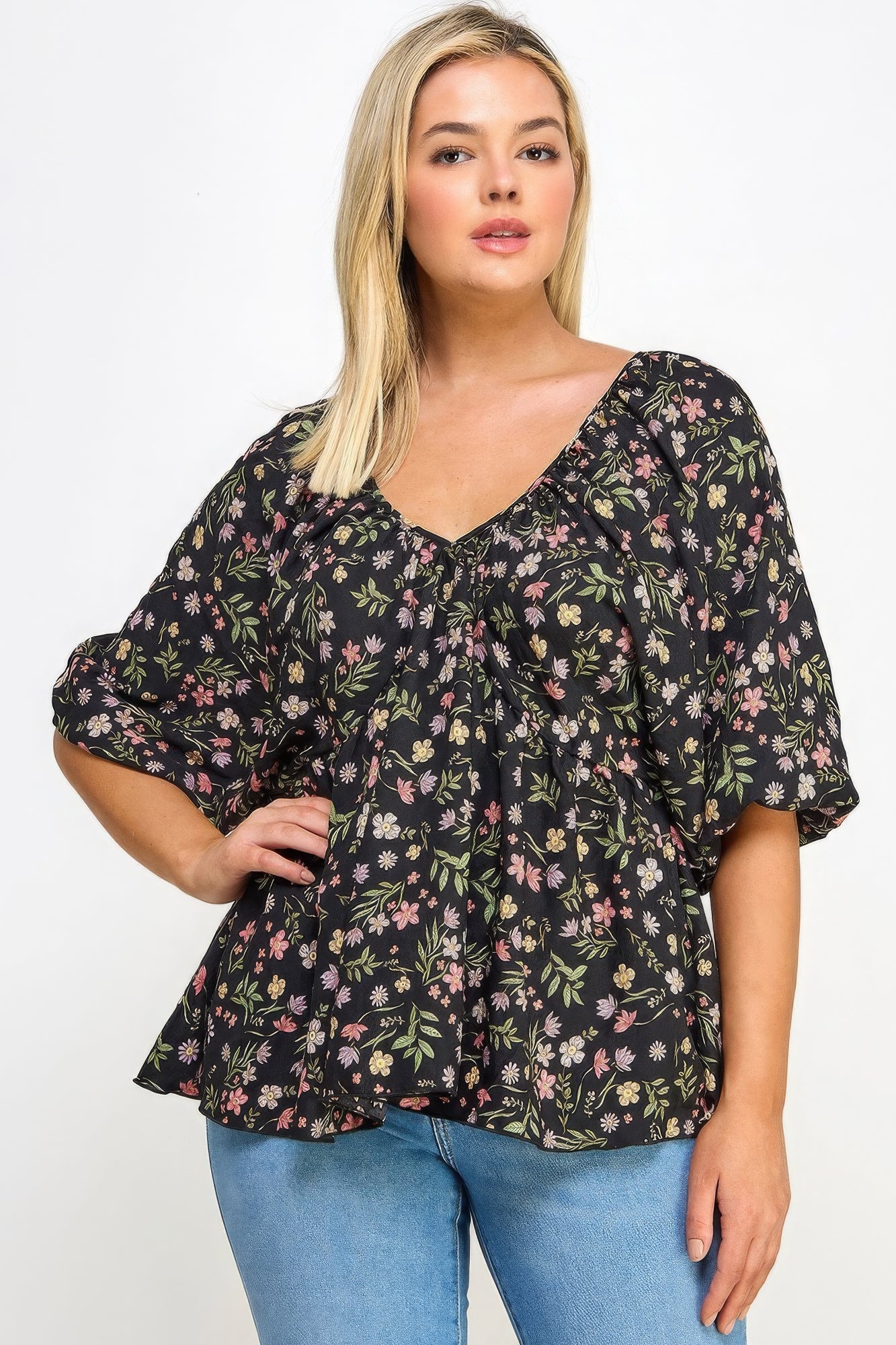 Muticolor V-Neck Top | Floral Sleeve Top | Nova Store