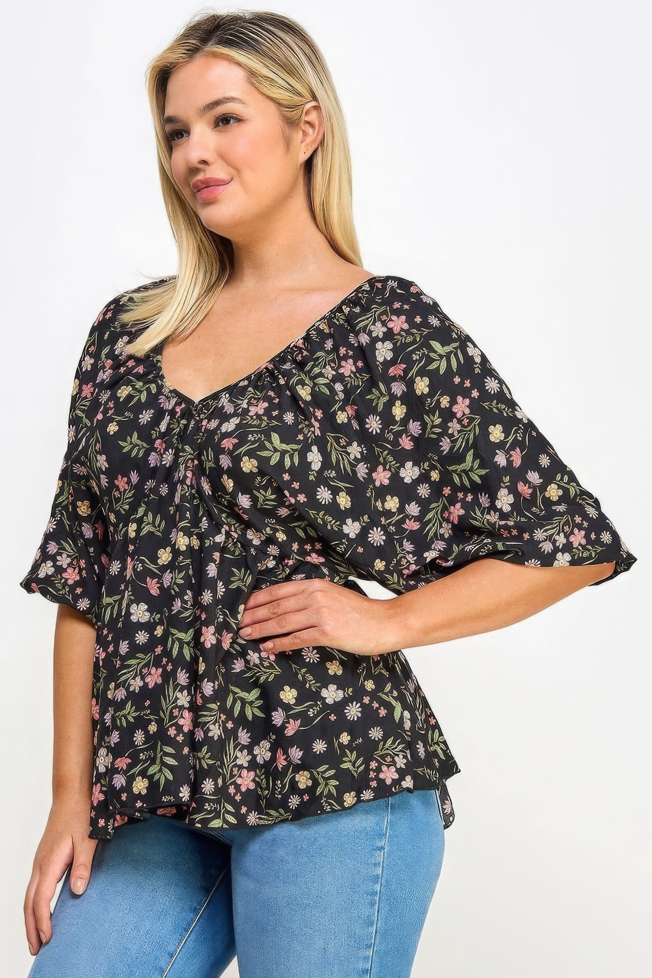 Muticolor V-Neck Top | Floral Sleeve Top | Nova Store