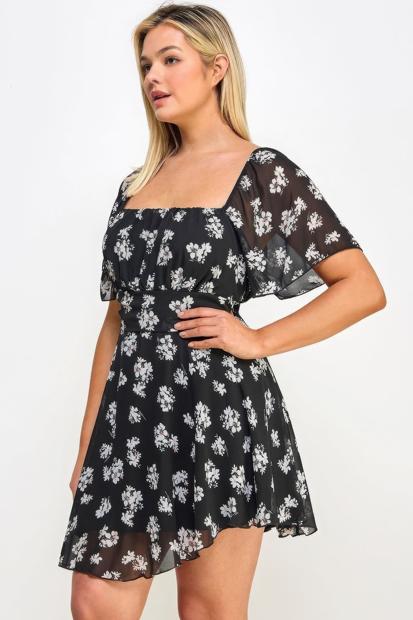 Plus Size Floral Chiffon Dress - Nova Store