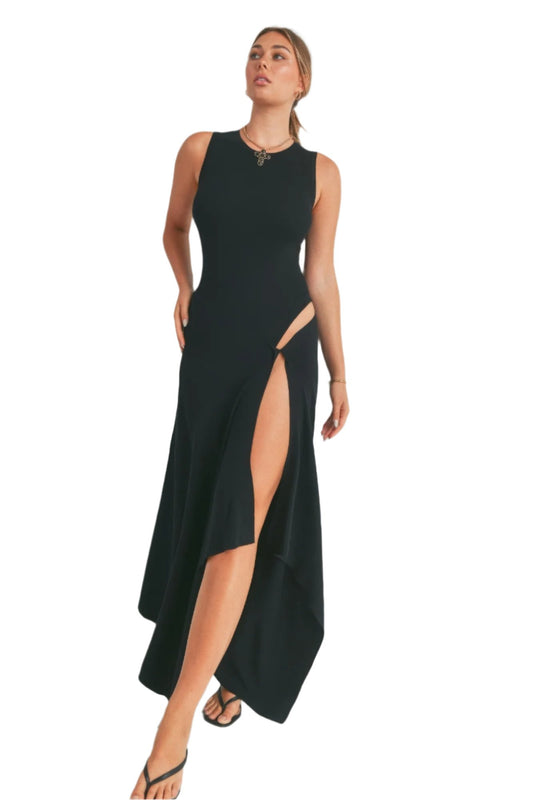 Still Maxi Dress With Slit | Black Still Dress | Nova Store