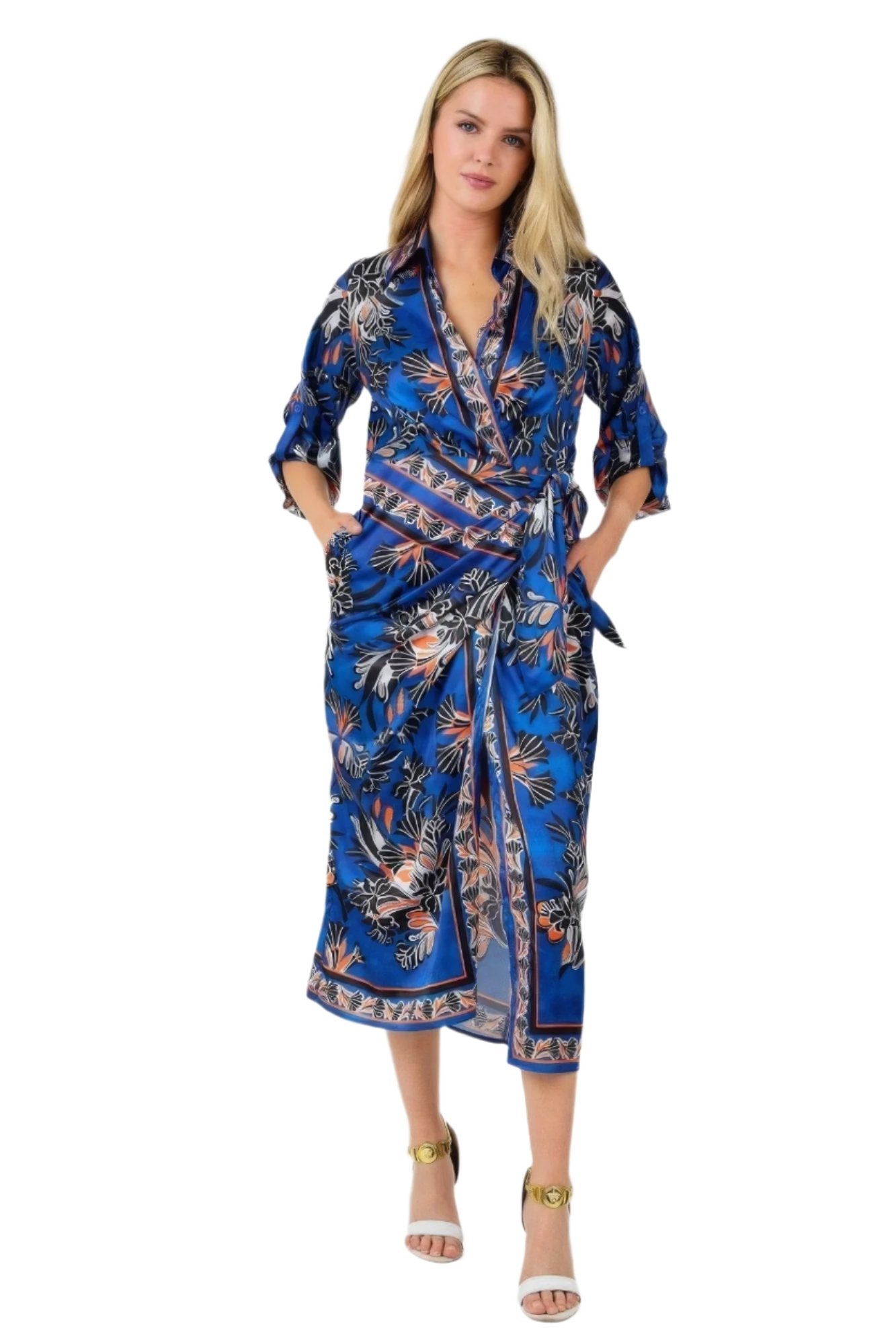 Wrap Front 3/4 Sleeve Printed Dress