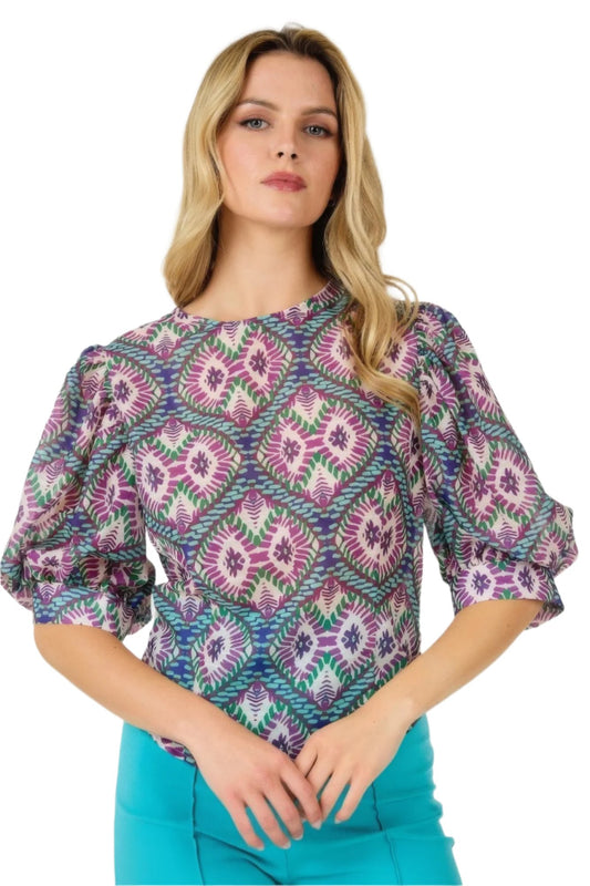 Puff Sleeve Multi-print Top