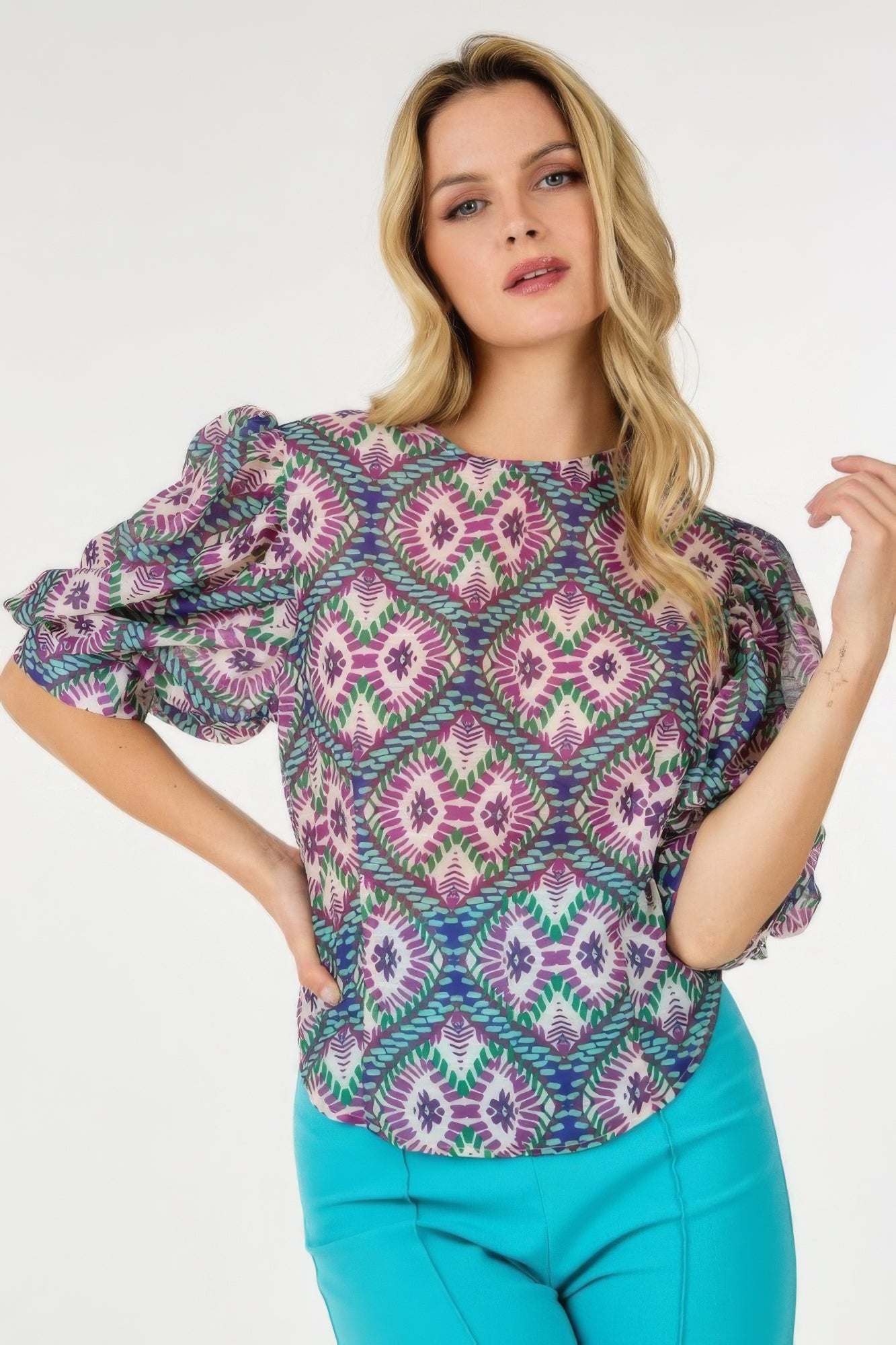 Puff Sleeve Multi-print Top - Nova Store