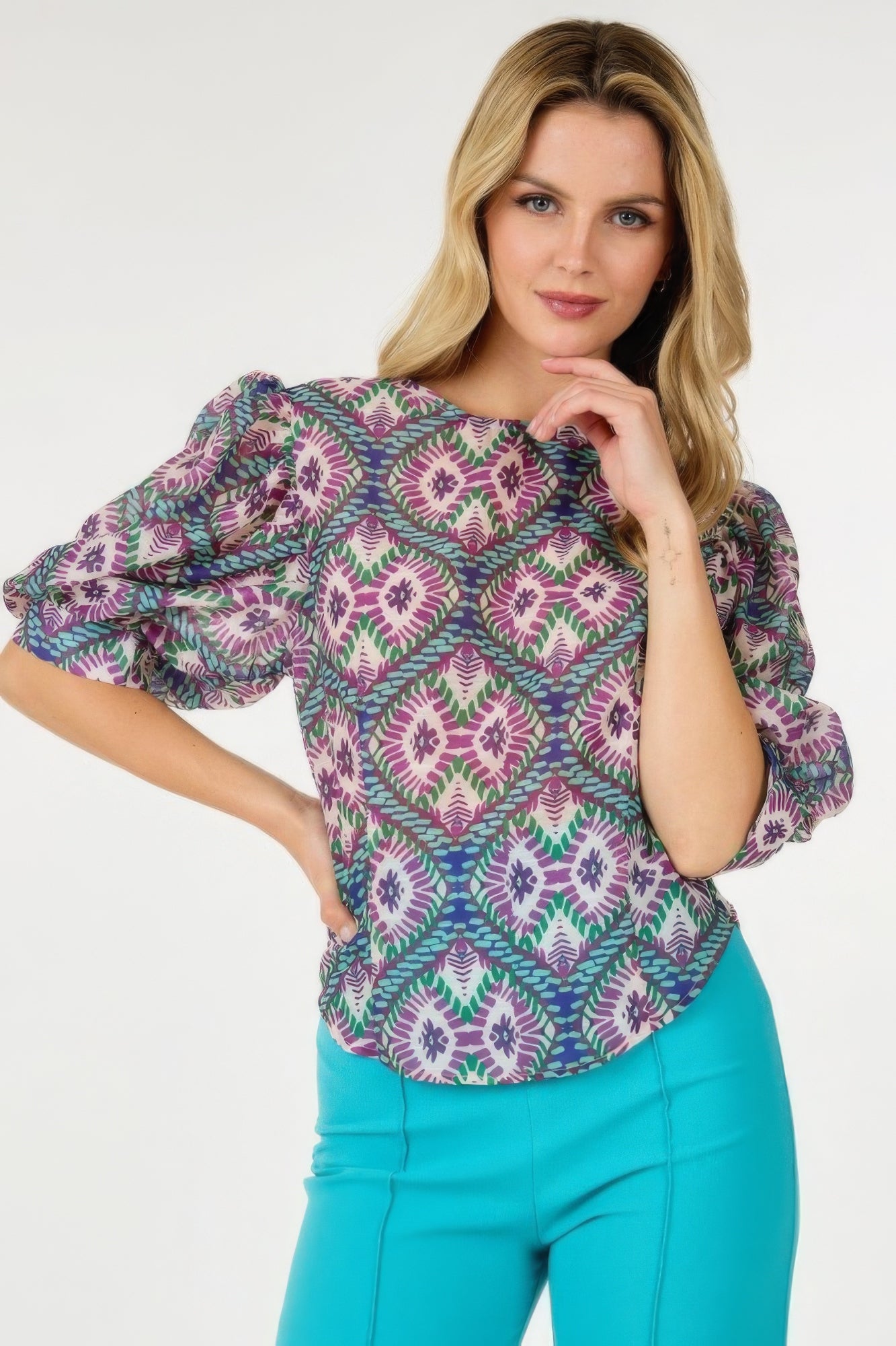 Puff Sleeve Multi-print Top - Nova Store