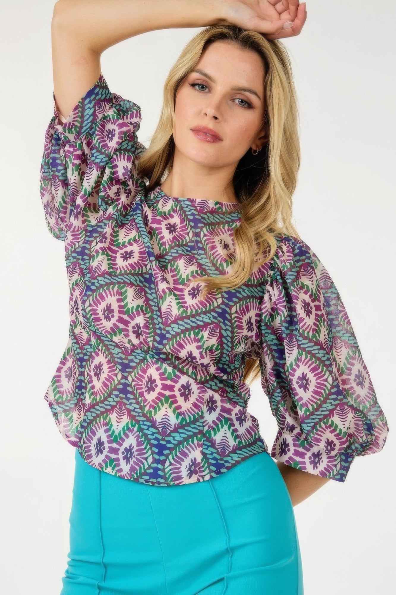 Puff Sleeve Multi-print Top - Nova Store