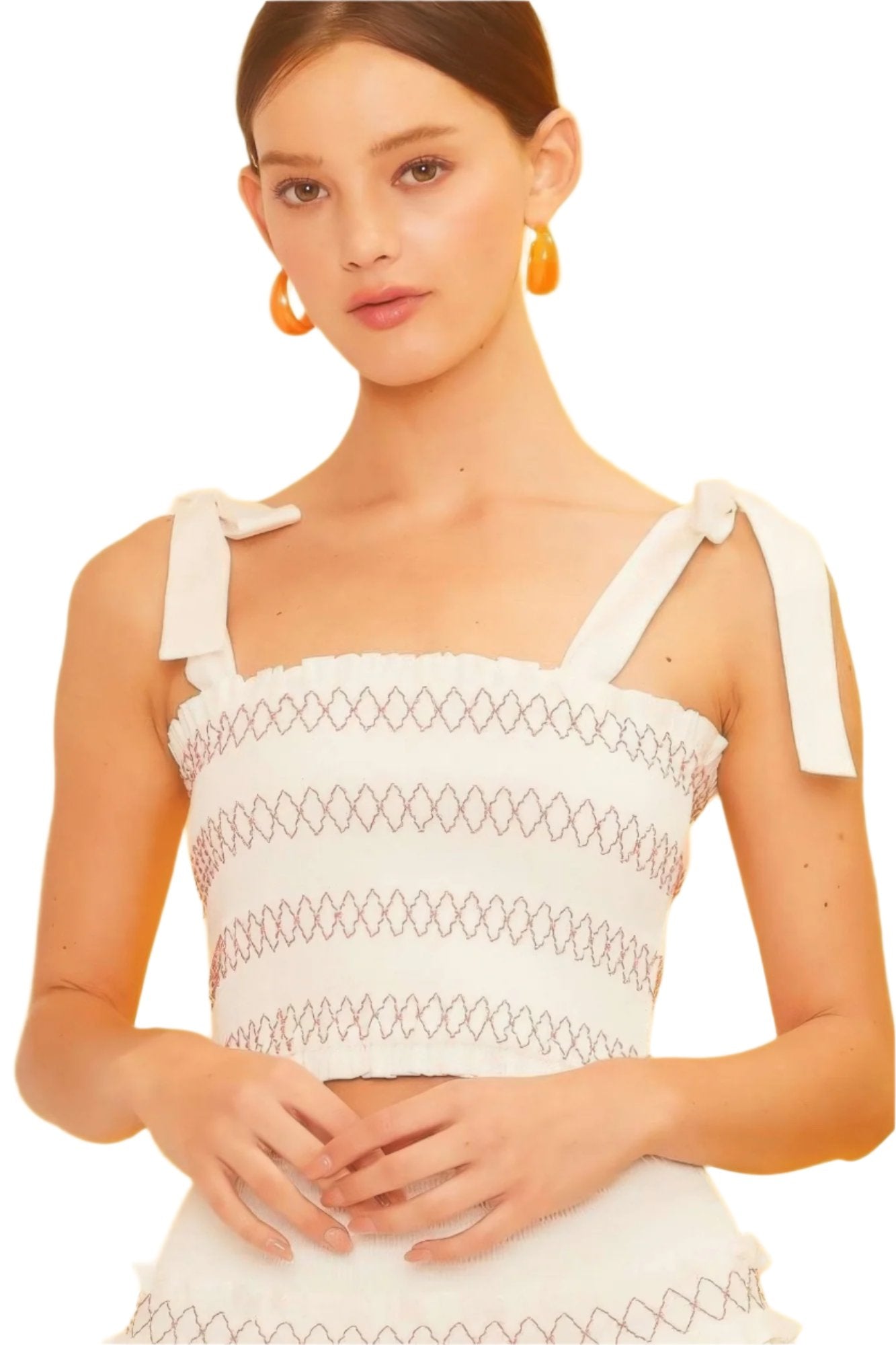 Self Tie Shoulder Smocking Ruffle Crop Top