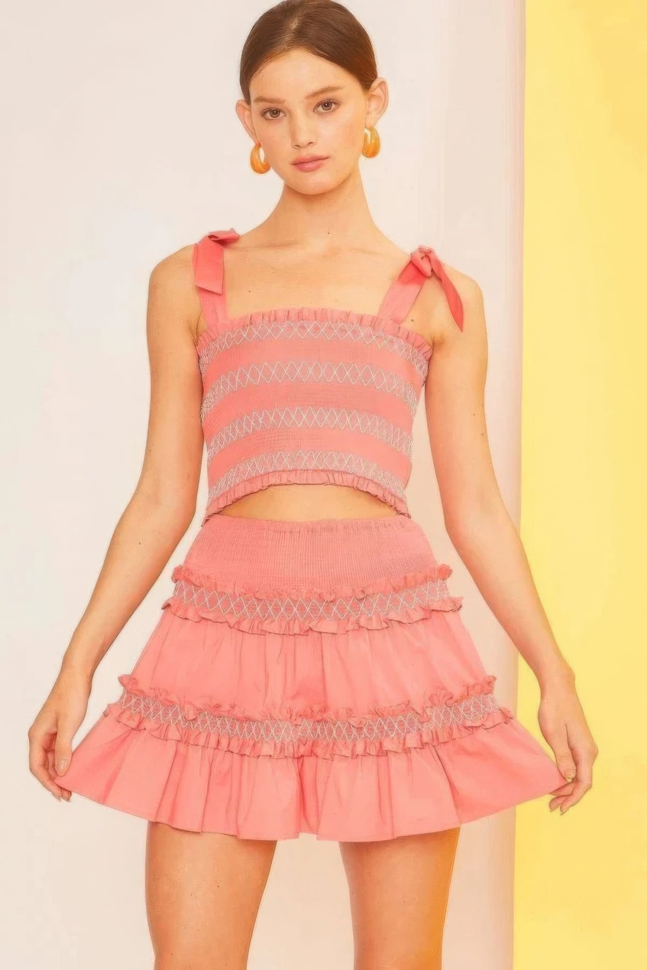 Self Tie Shoulder Smocking Ruffle Crop Top - Nova Store