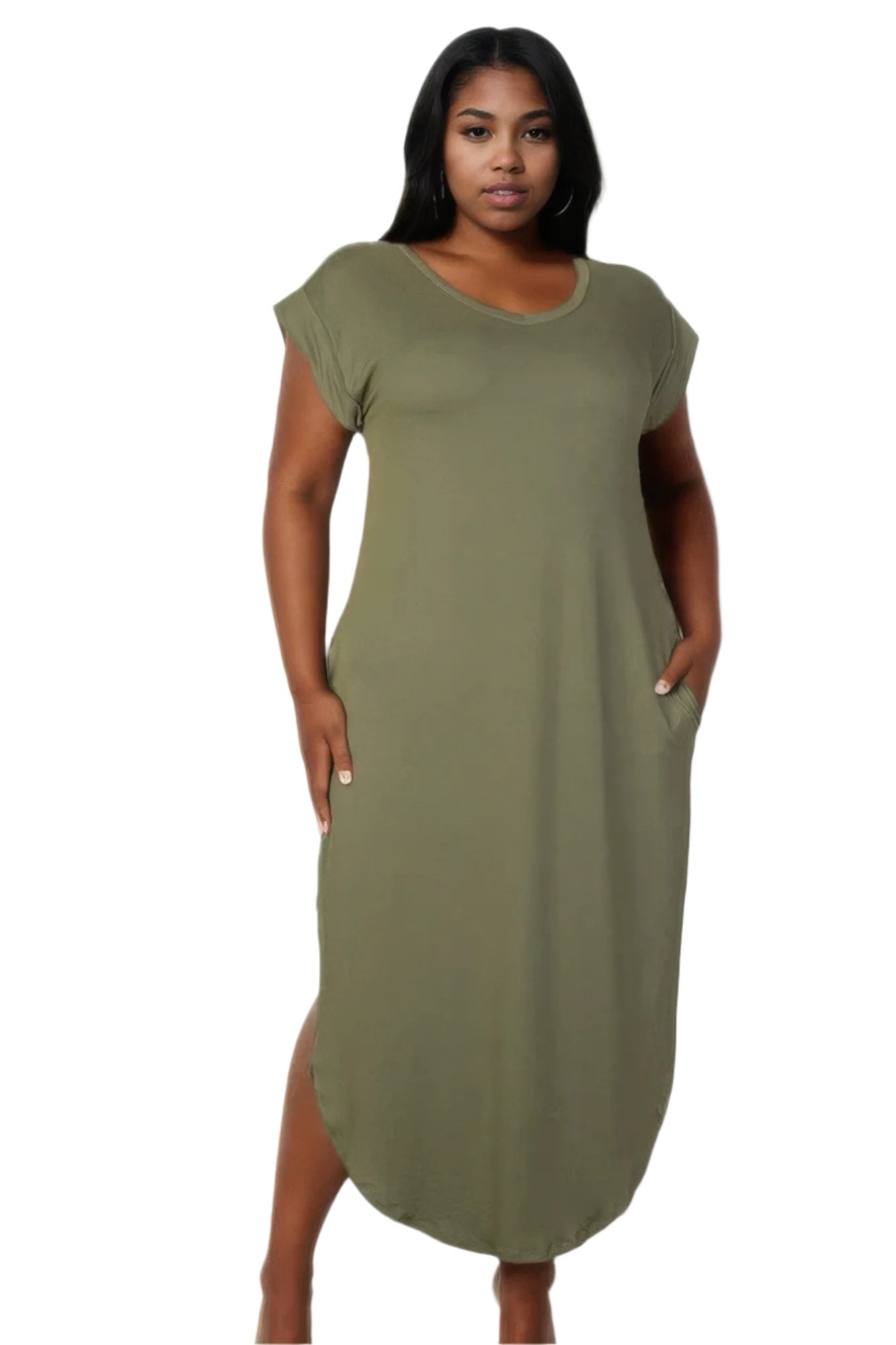 Plus Size Hidden Pocket Batwing Sleeve V Neck Long Dress - Nova Store