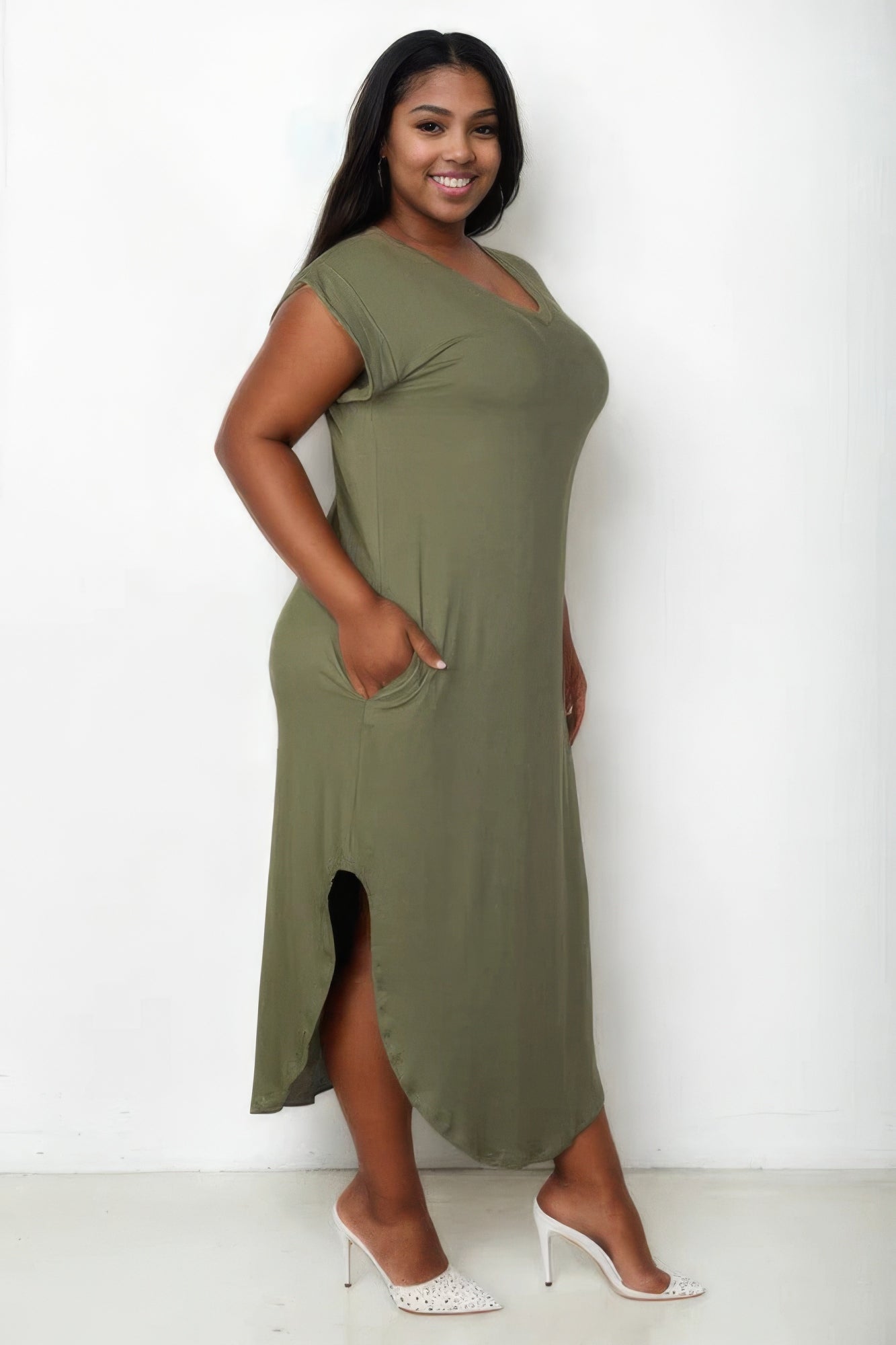 Plus Size Hidden Pocket Batwing Sleeve V Neck Long Dress - Nova Store