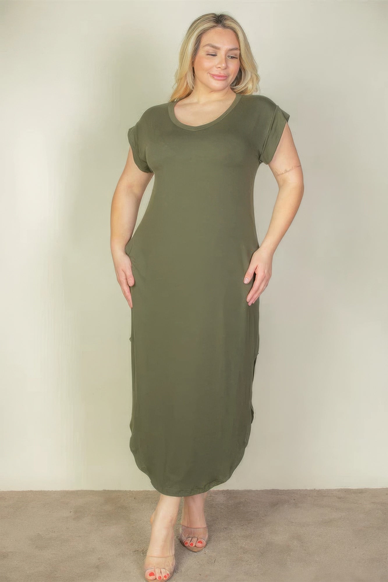 Plus Size Hidden Pocket Batwing Sleeve V Neck Long Dress - Nova Store