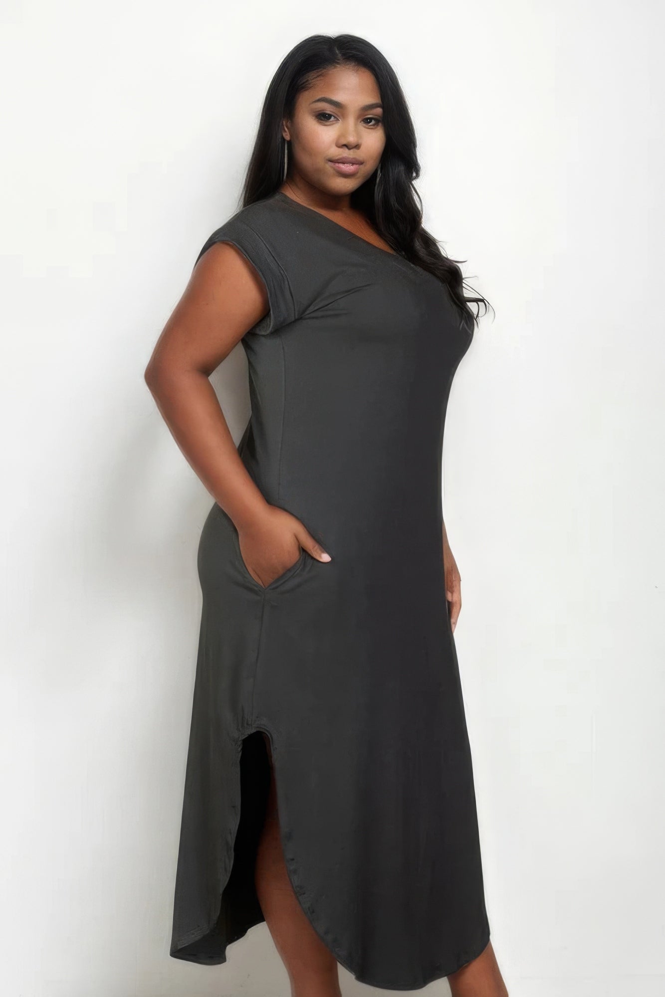 Plus Size Hidden Pocket Batwing Sleeve V Neck Long Dress - Nova Store