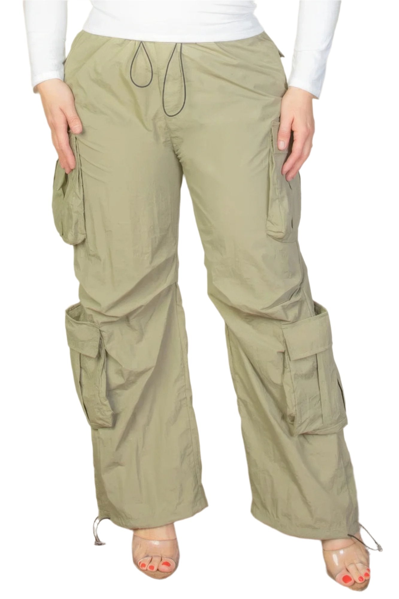 Plus Size Flap Pockets Drawstring Ruched Parachute Pants